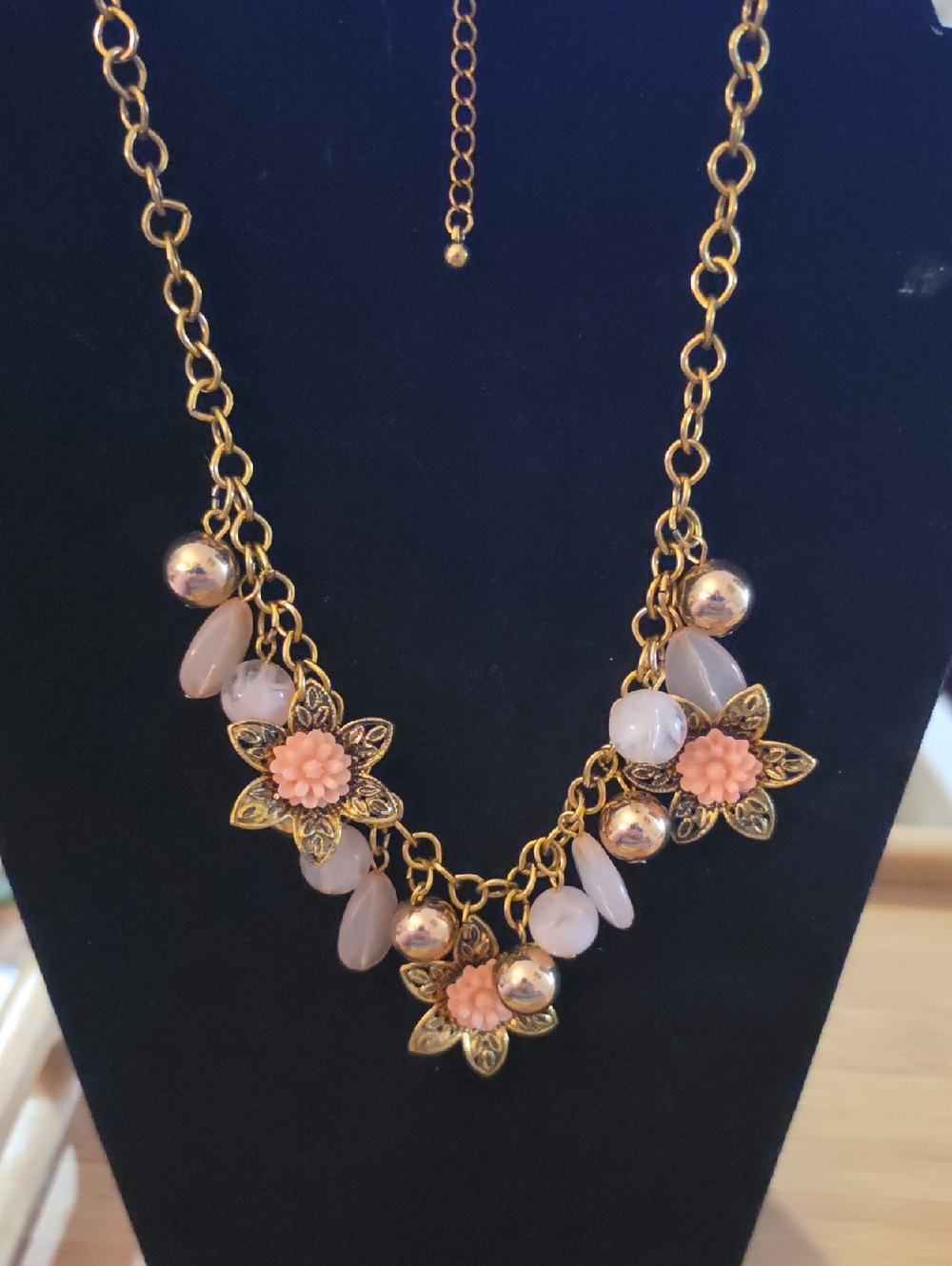 Gold-Tone Floral Necklace with Peach Accents